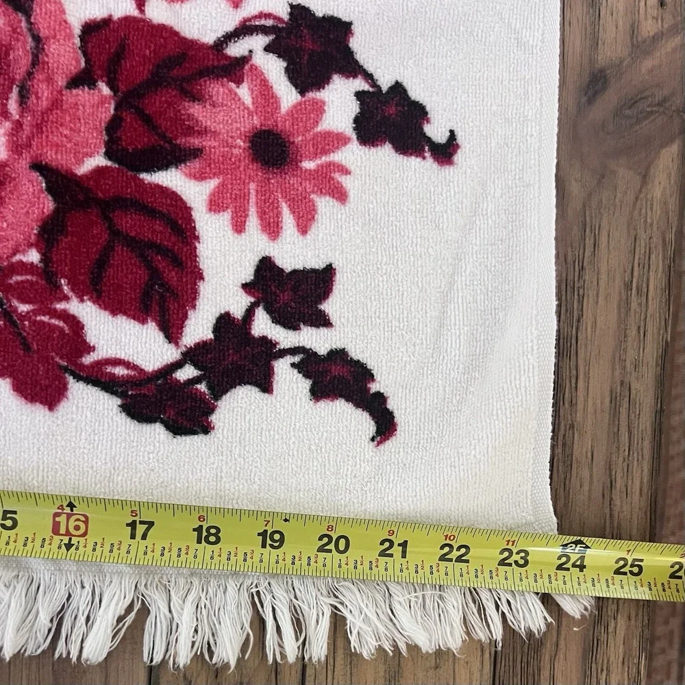 2 vintage Cannon USA made cotton towel pink red roses floral fringe cottagecore